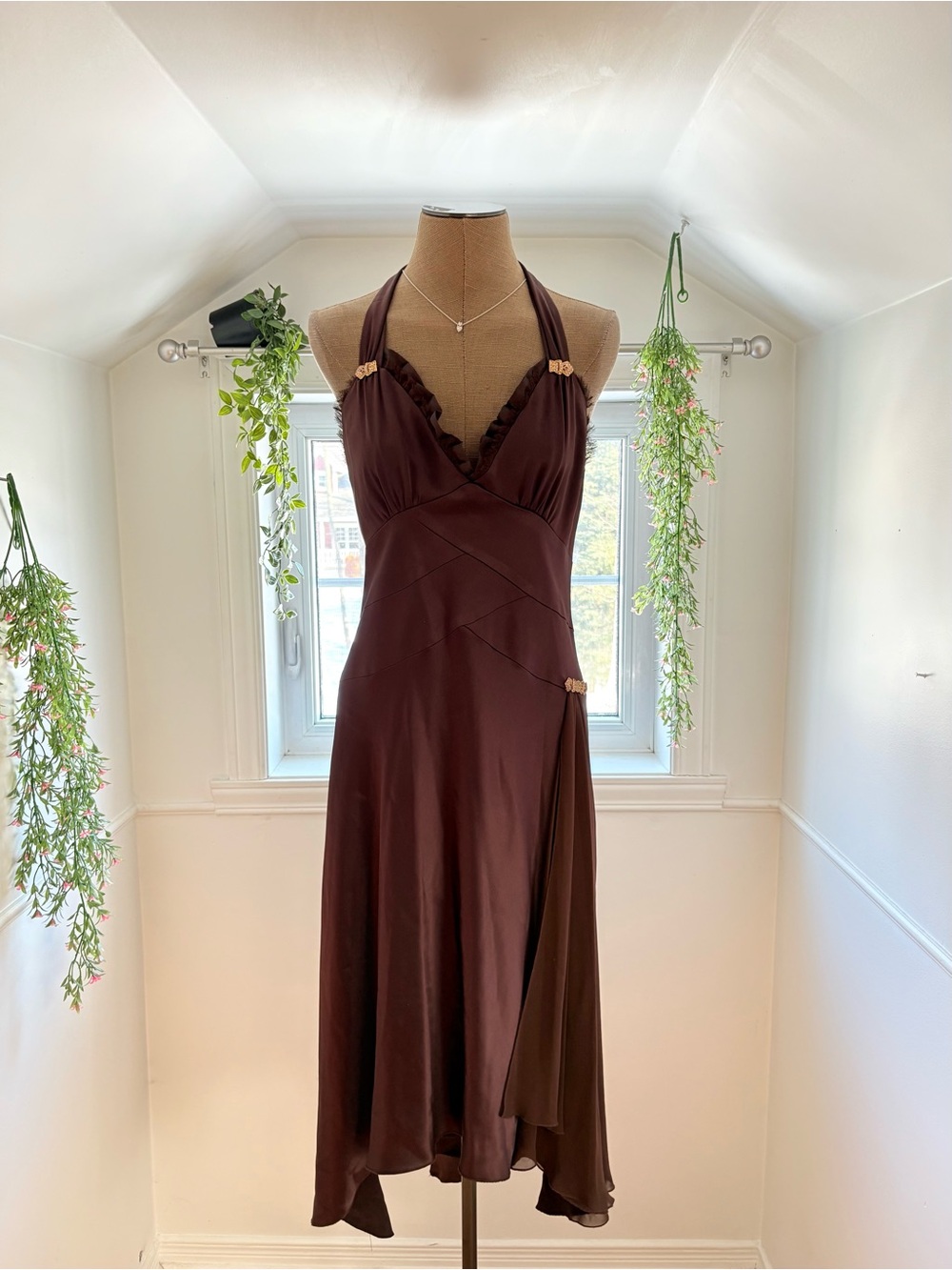 Elegant Halter Asymmetrical Dress in Deep Brown